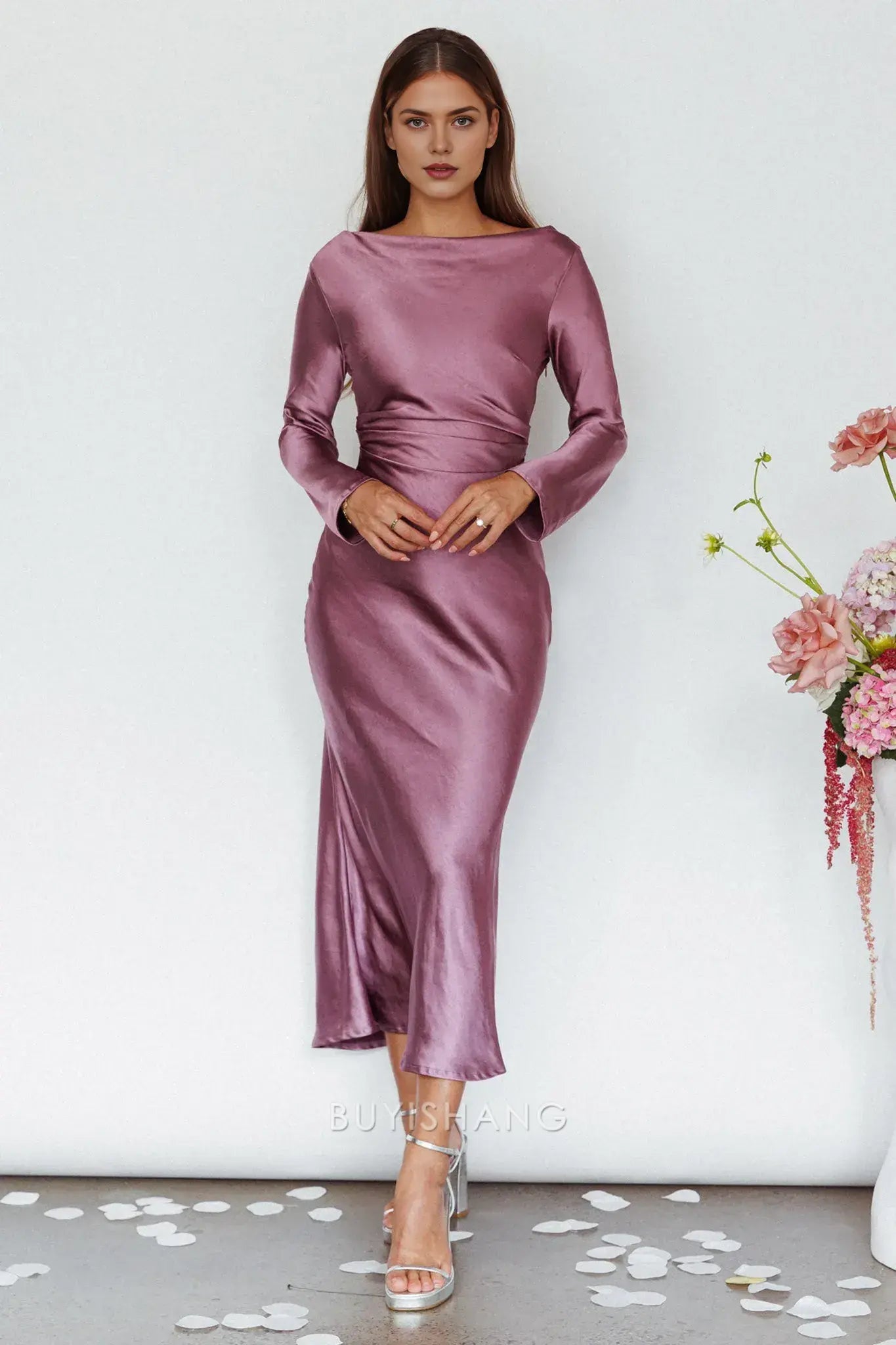 Elegant Sheath Scoop Satin Long Sleeve Maxi Dress with Cowl Back prom dress