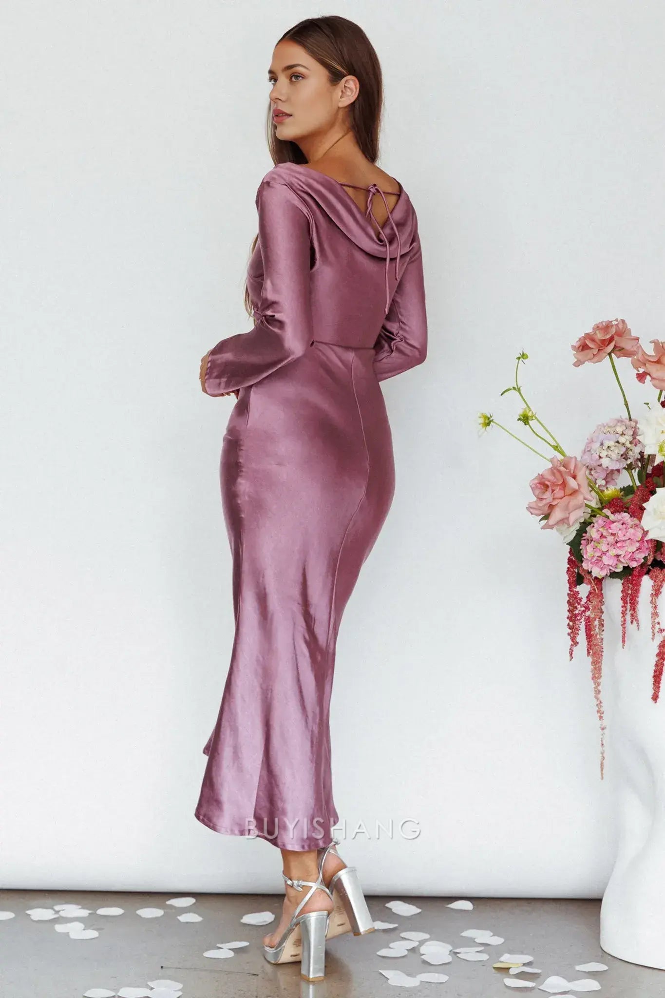Elegant Sheath Scoop Satin Long Sleeve Maxi Dress with Cowl Back prom dress