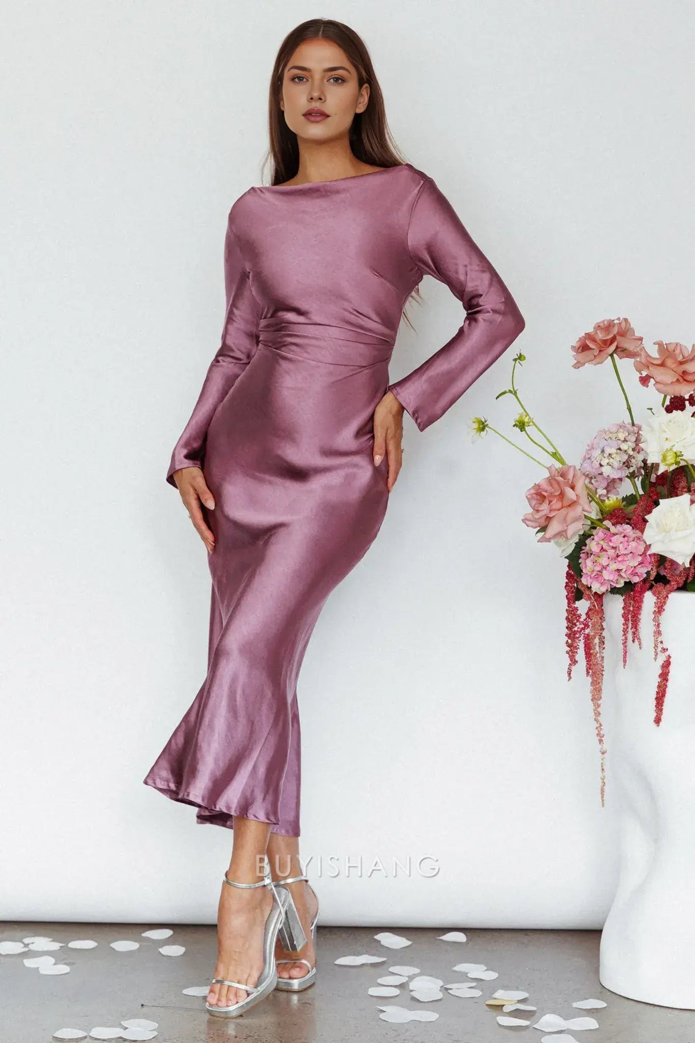 Elegant Sheath Scoop Satin Long Sleeve Maxi Dress with Cowl Back prom dress