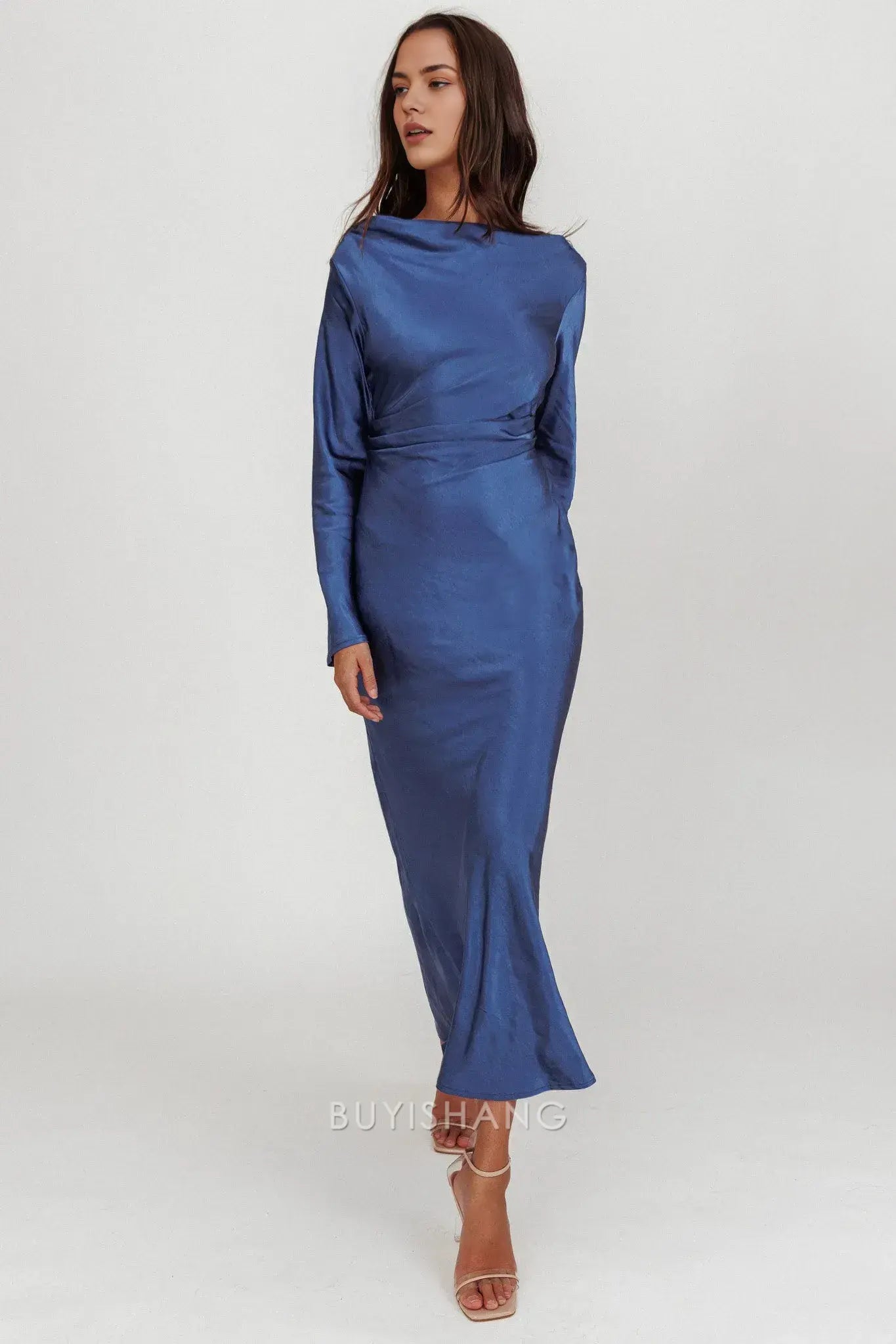 Elegant Sheath Scoop Satin Long Sleeve Maxi Dress with Cowl Back prom dress