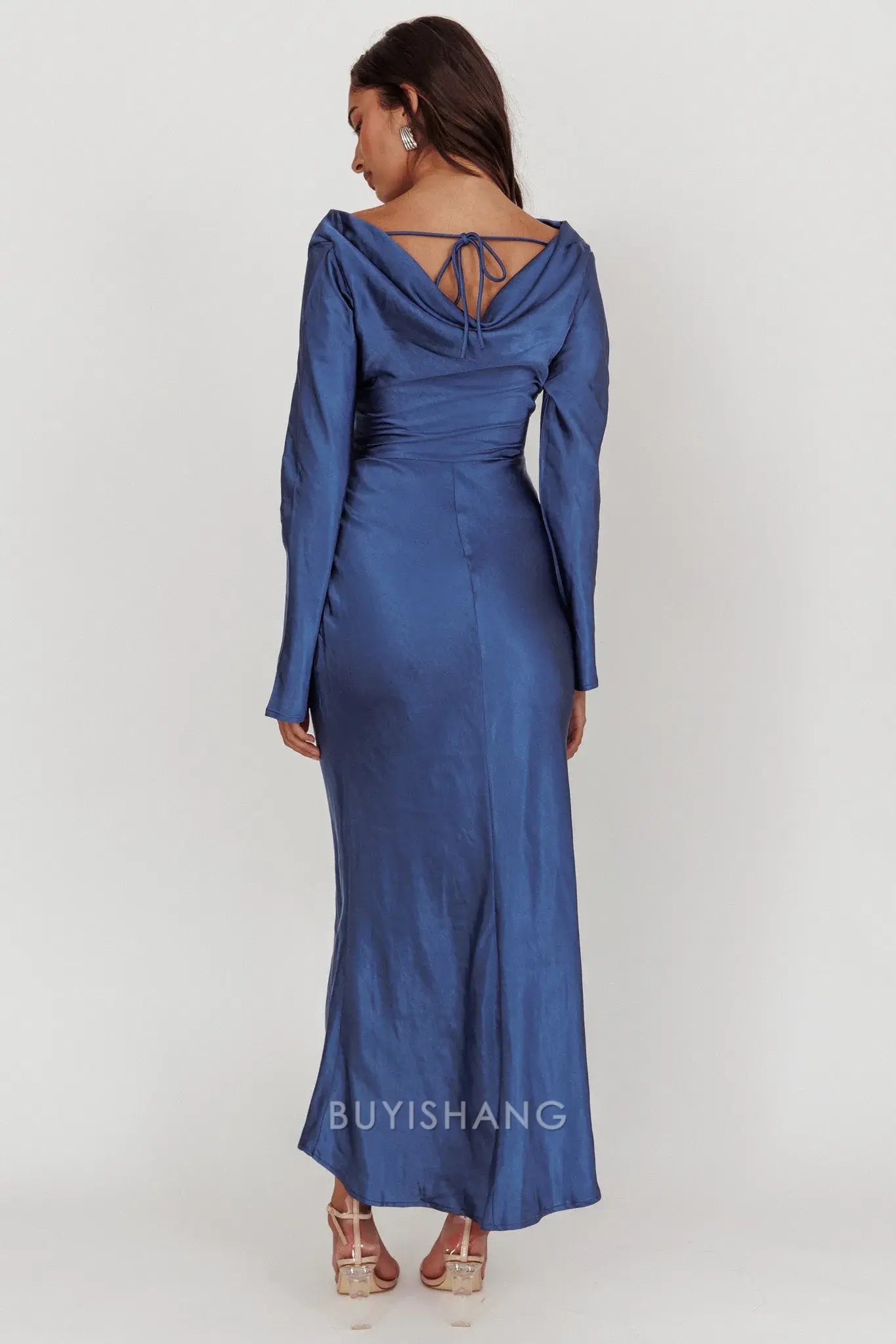 Elegant Sheath Scoop Satin Long Sleeve Maxi Dress with Cowl Back prom dress