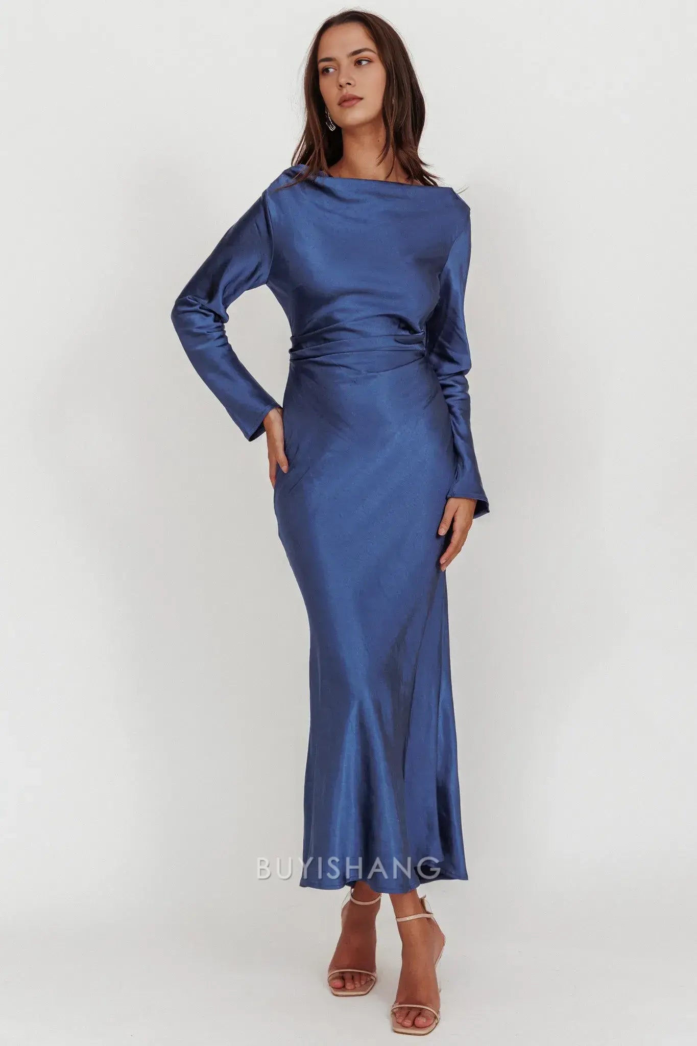 Elegant Sheath Scoop Satin Long Sleeve Maxi Dress with Cowl Back prom dress