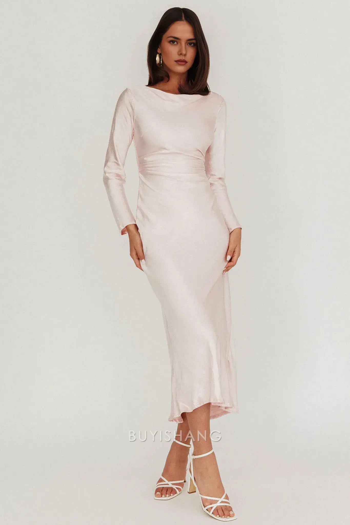 Elegant Sheath Scoop Satin Long Sleeve Maxi Dress with Cowl Back prom dress