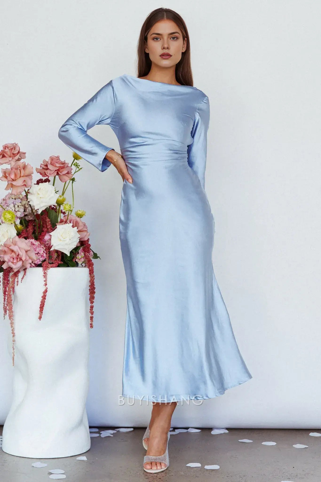 Elegant Sheath Scoop Satin Long Sleeve Maxi Dress with Cowl Back prom dress