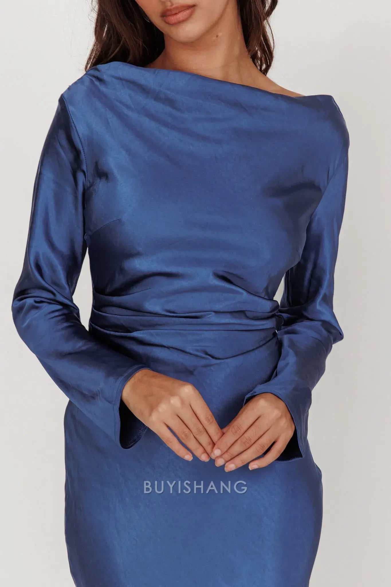 Elegant Sheath Scoop Satin Long Sleeve Maxi Dress with Cowl Back prom dress