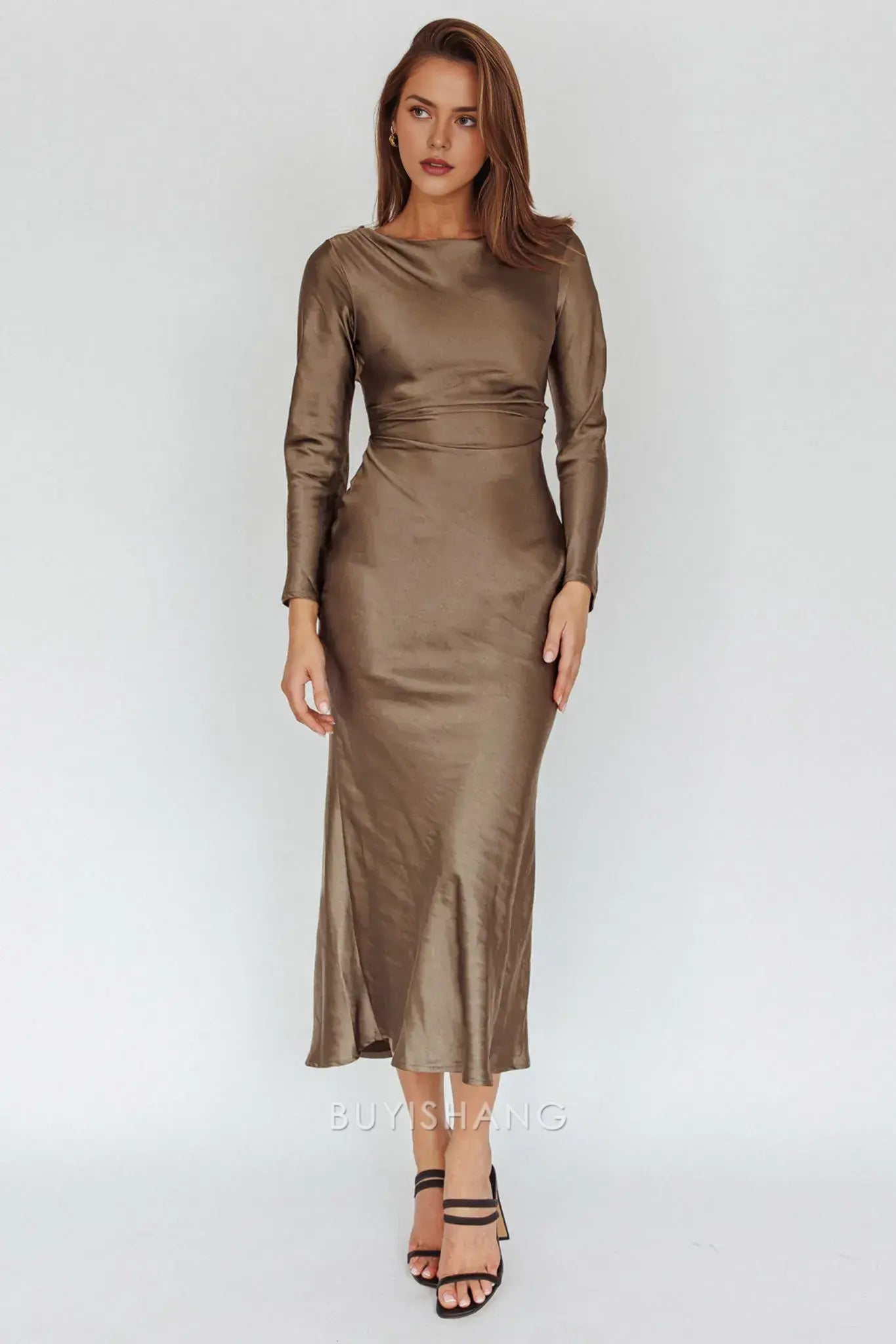 Elegant Sheath Scoop Satin Long Sleeve Maxi Dress with Cowl Back prom dress