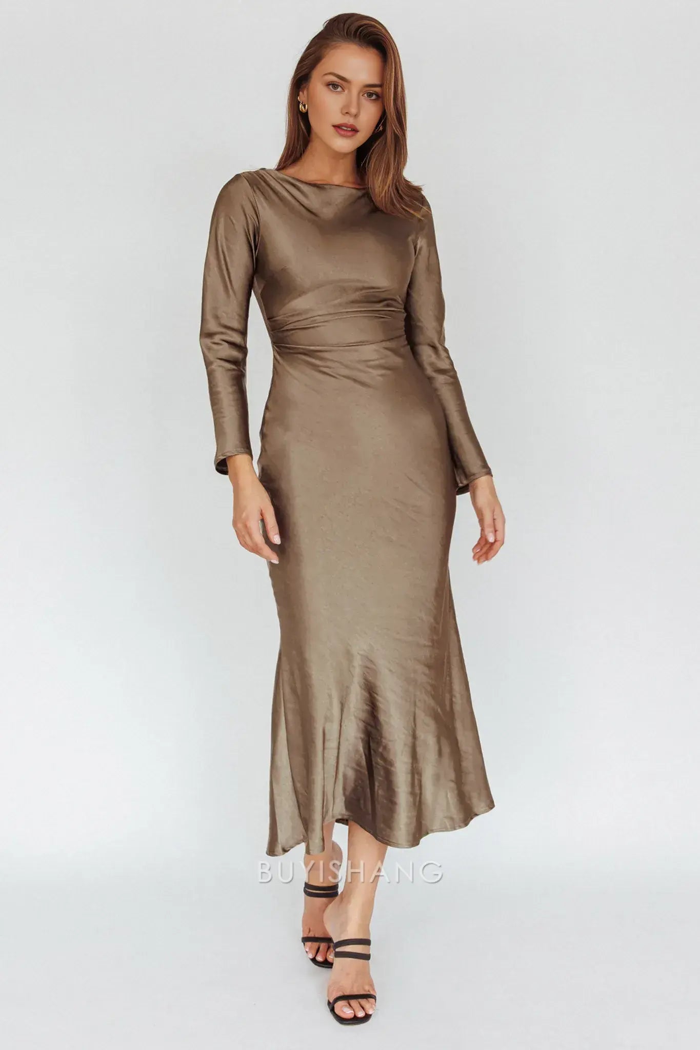 Elegant Sheath Scoop Satin Long Sleeve Maxi Dress with Cowl Back prom dress