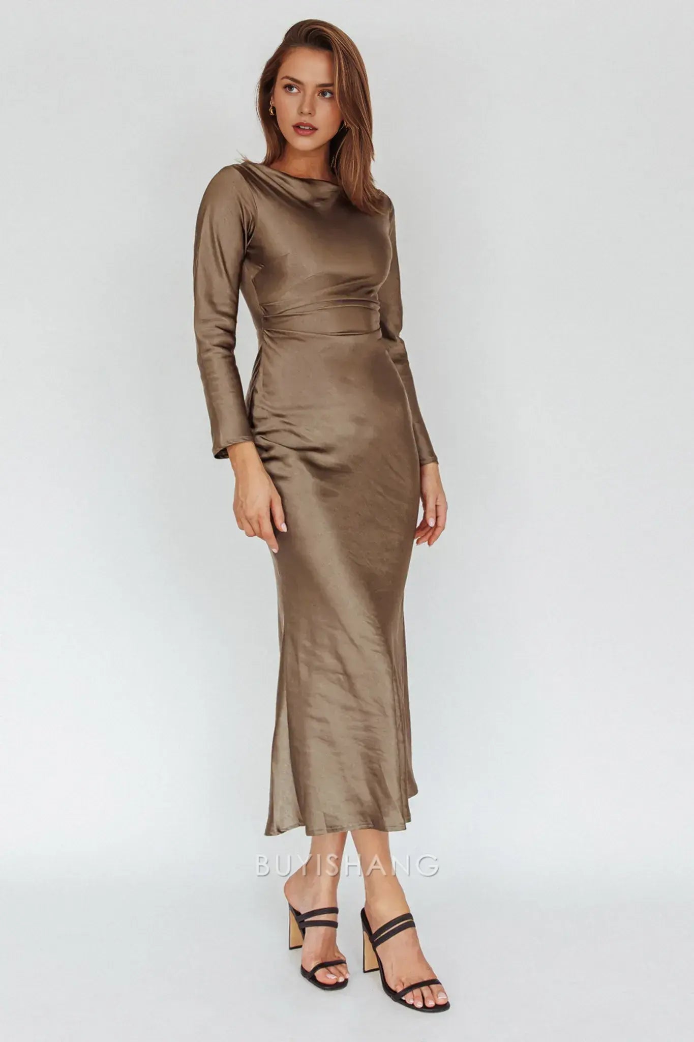 Elegant Sheath Scoop Satin Long Sleeve Maxi Dress with Cowl Back prom dress