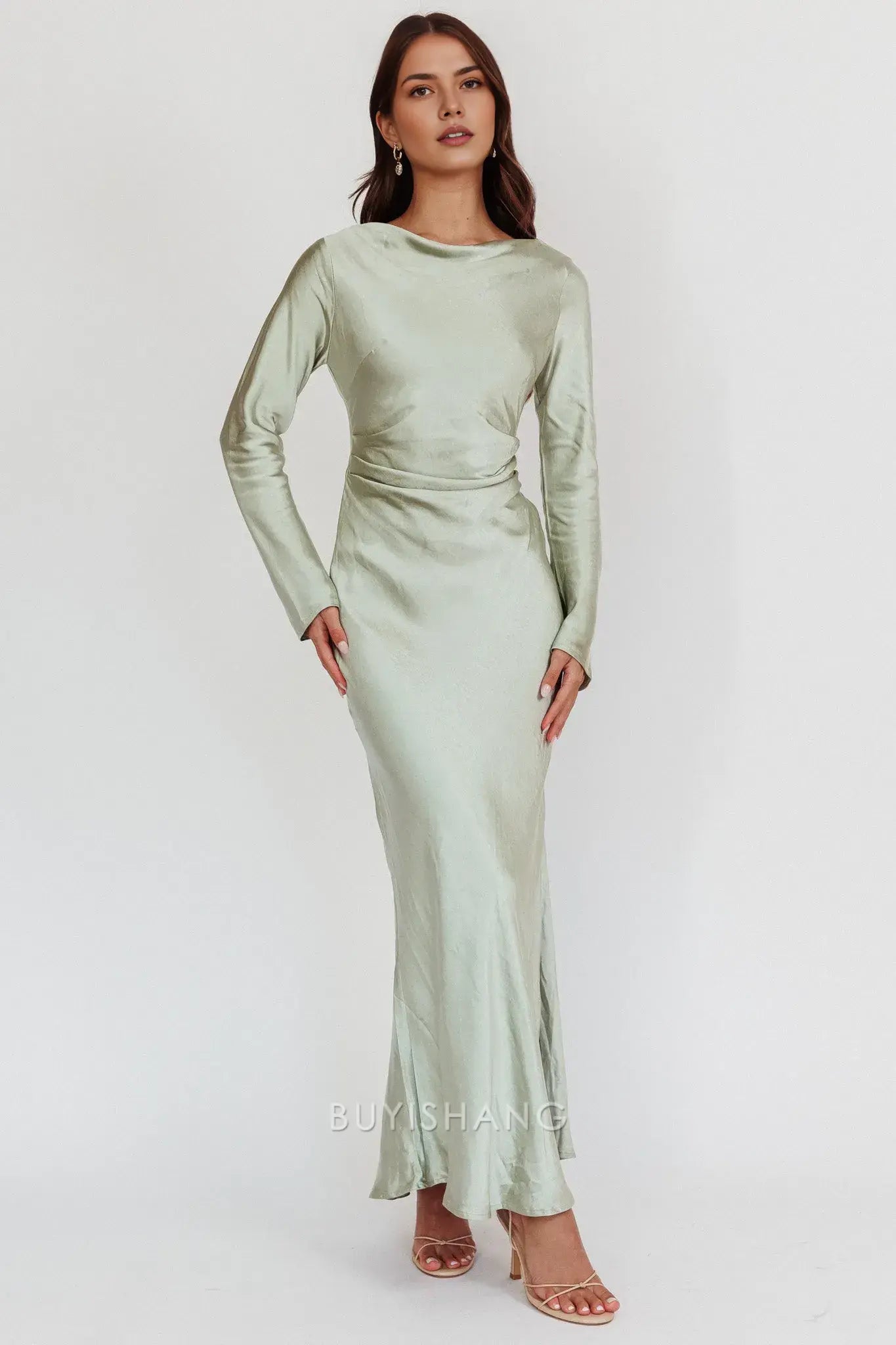 Elegant Sheath Scoop Satin Long Sleeve Maxi Dress with Cowl Back prom dress
