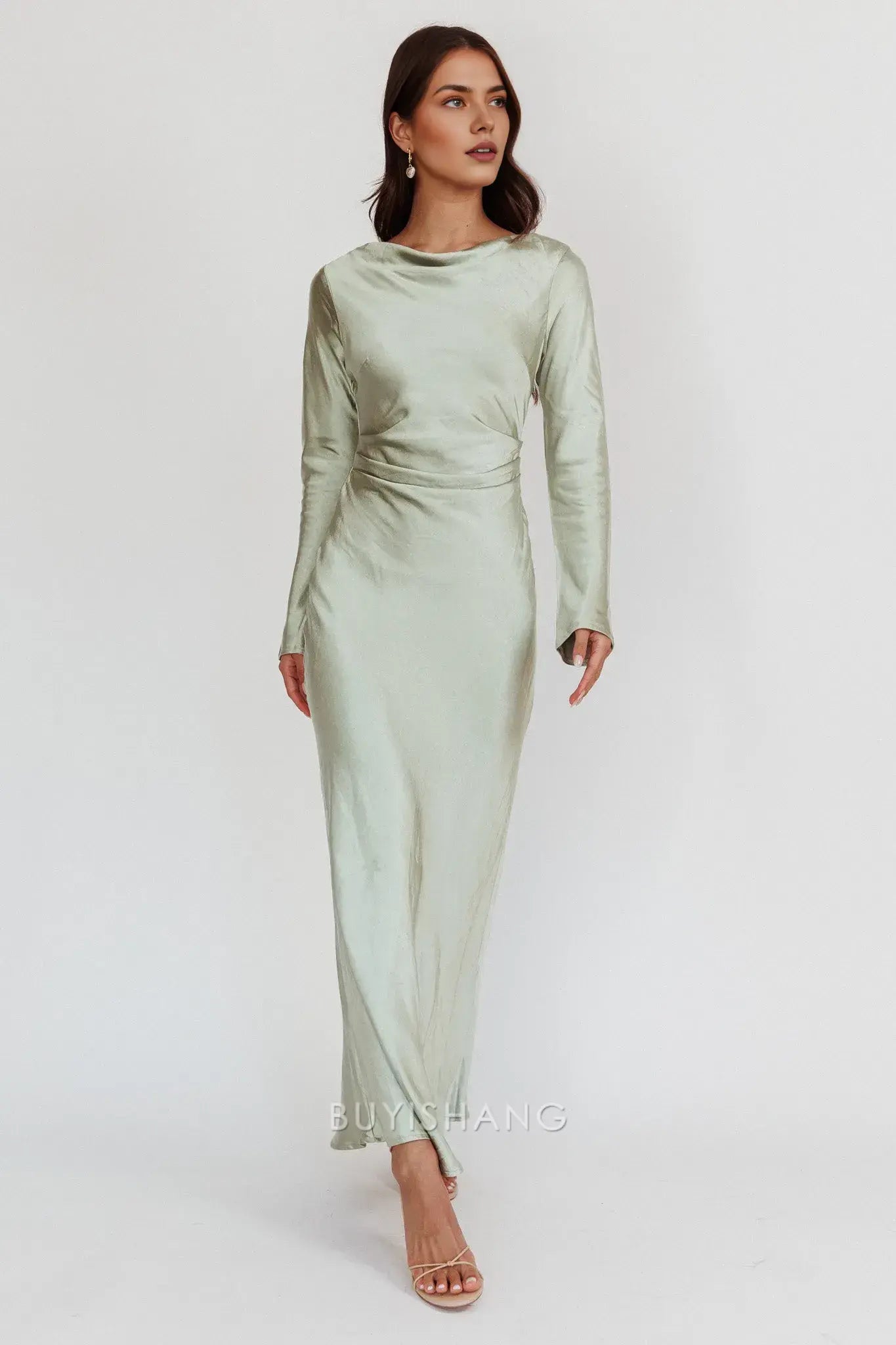 Elegant Sheath Scoop Satin Long Sleeve Maxi Dress with Cowl Back prom dress