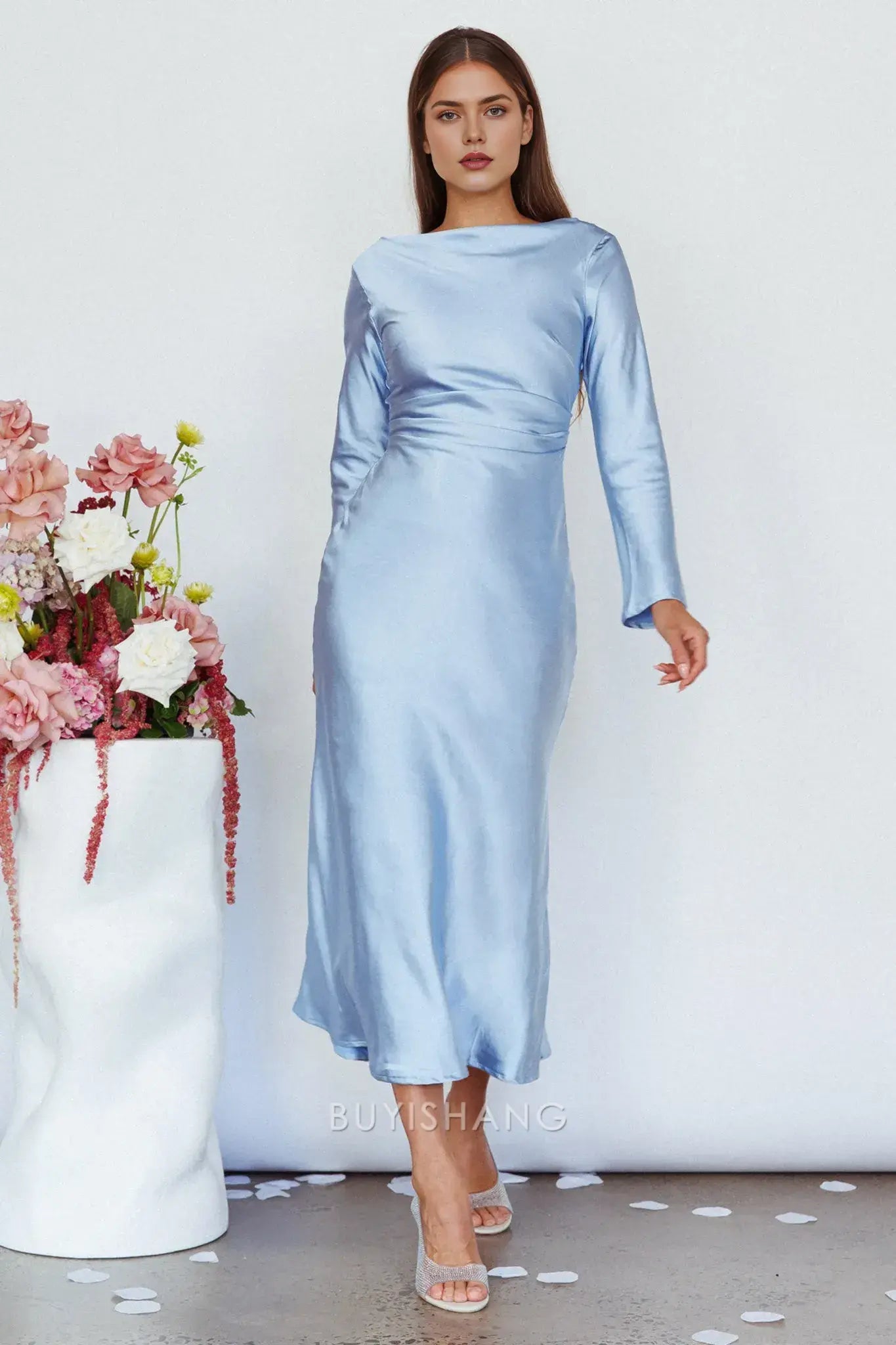 Elegant Sheath Scoop Satin Long Sleeve Maxi Dress with Cowl Back prom dress