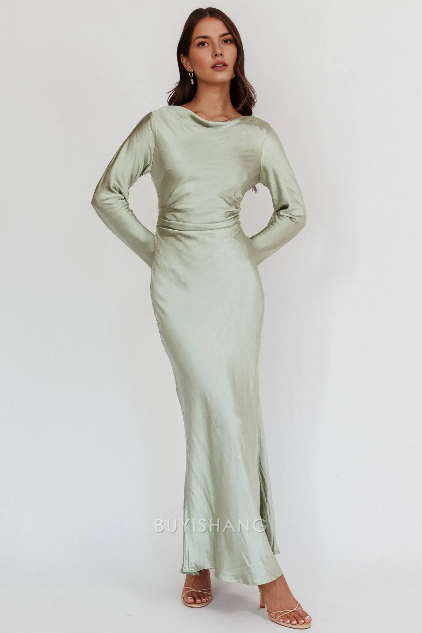 Elegant Sheath Scoop Satin Long Sleeve Maxi Dress with Cowl Back prom dress