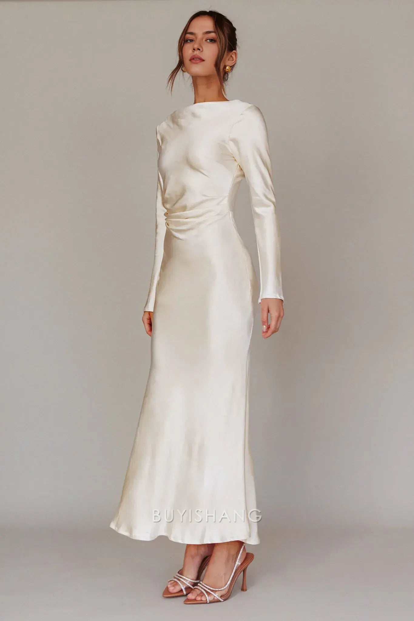 Elegant Sheath Scoop Satin Long Sleeve Maxi Dress with Cowl Back prom dress