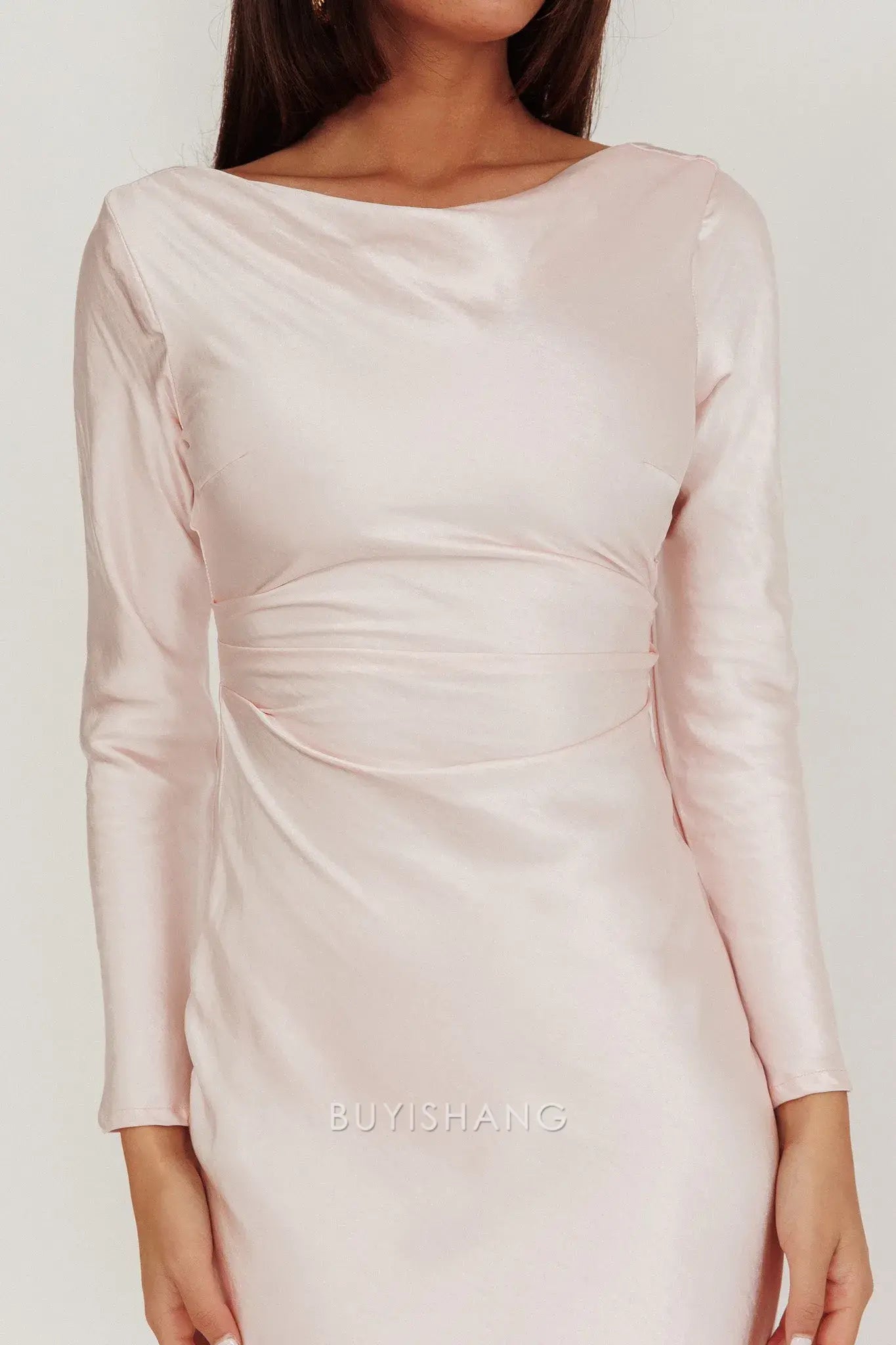 Elegant Sheath Scoop Satin Long Sleeve Maxi Dress with Cowl Back prom dress