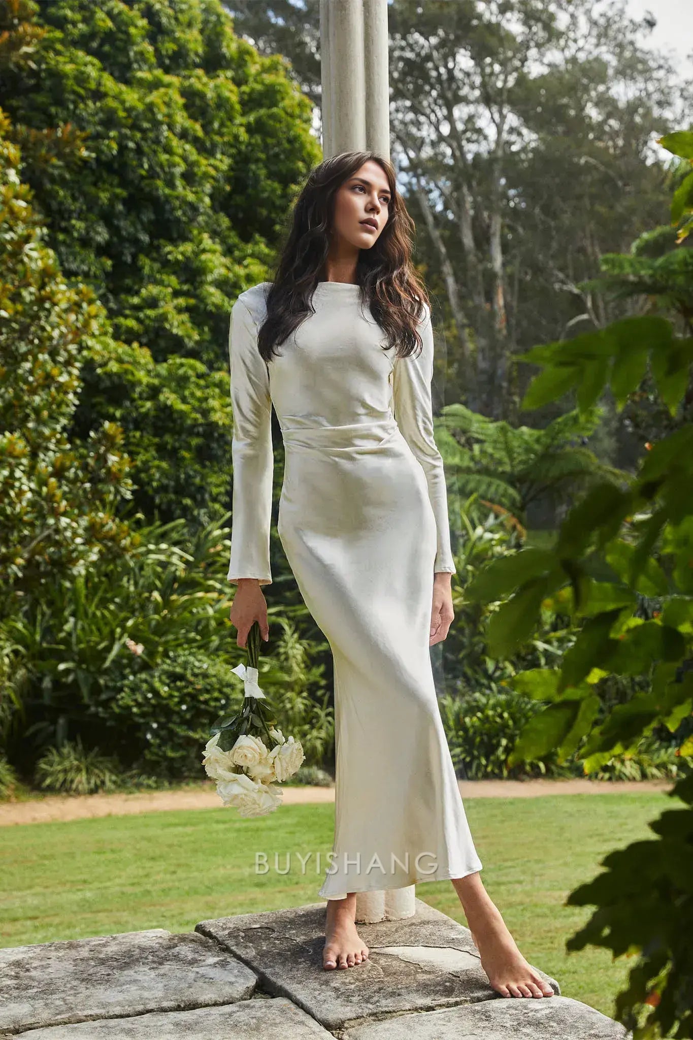 Elegant Sheath Scoop Satin Long Sleeve Maxi Dress with Cowl Back prom dress