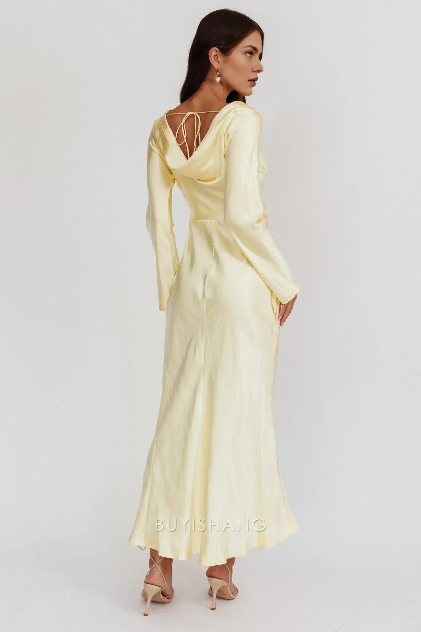 Elegant Sheath Scoop Satin Long Sleeve Maxi Dress with Cowl Back prom dress