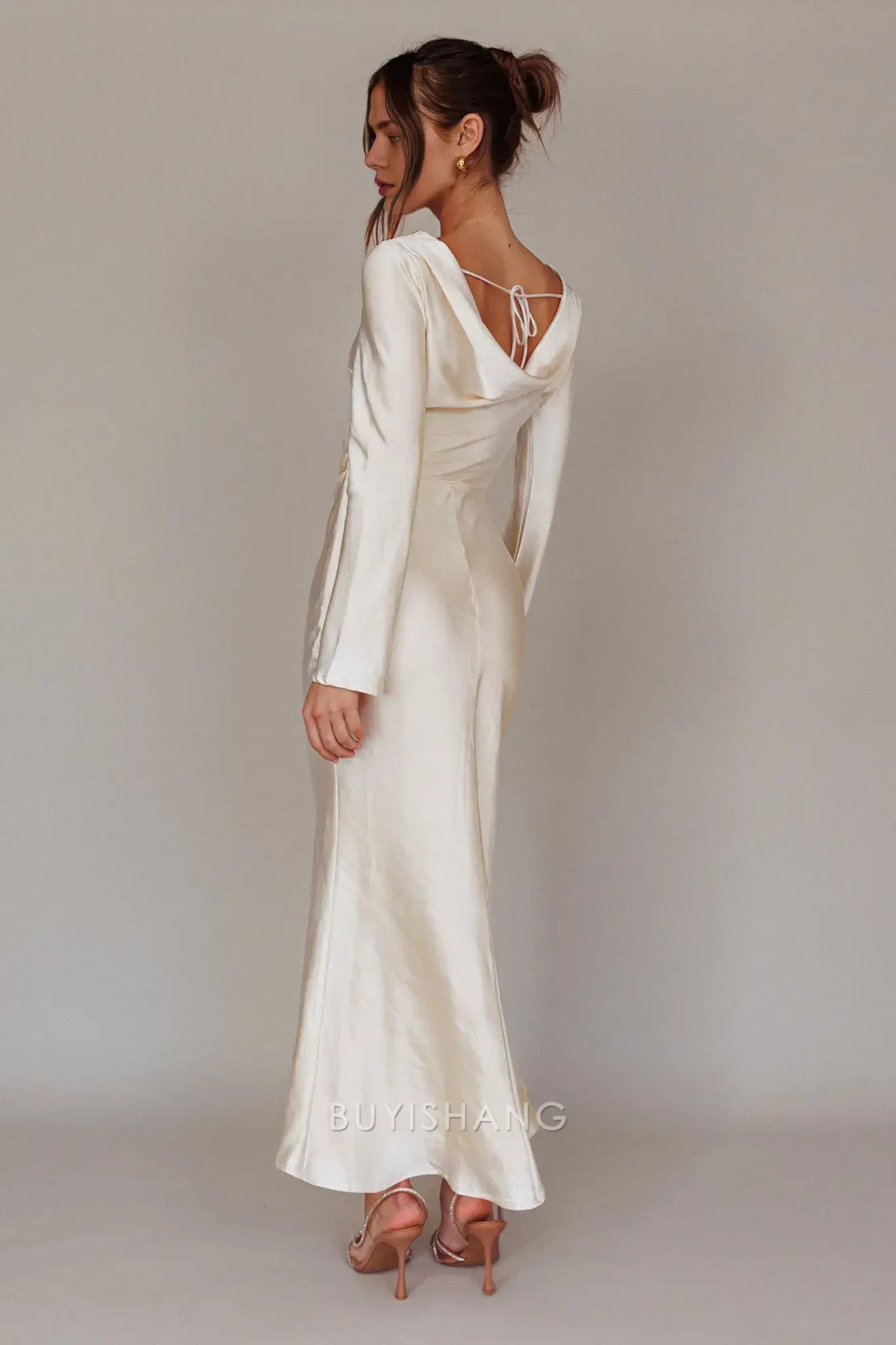 Elegant Sheath Scoop Satin Long Sleeve Maxi Dress with Cowl Back prom dress