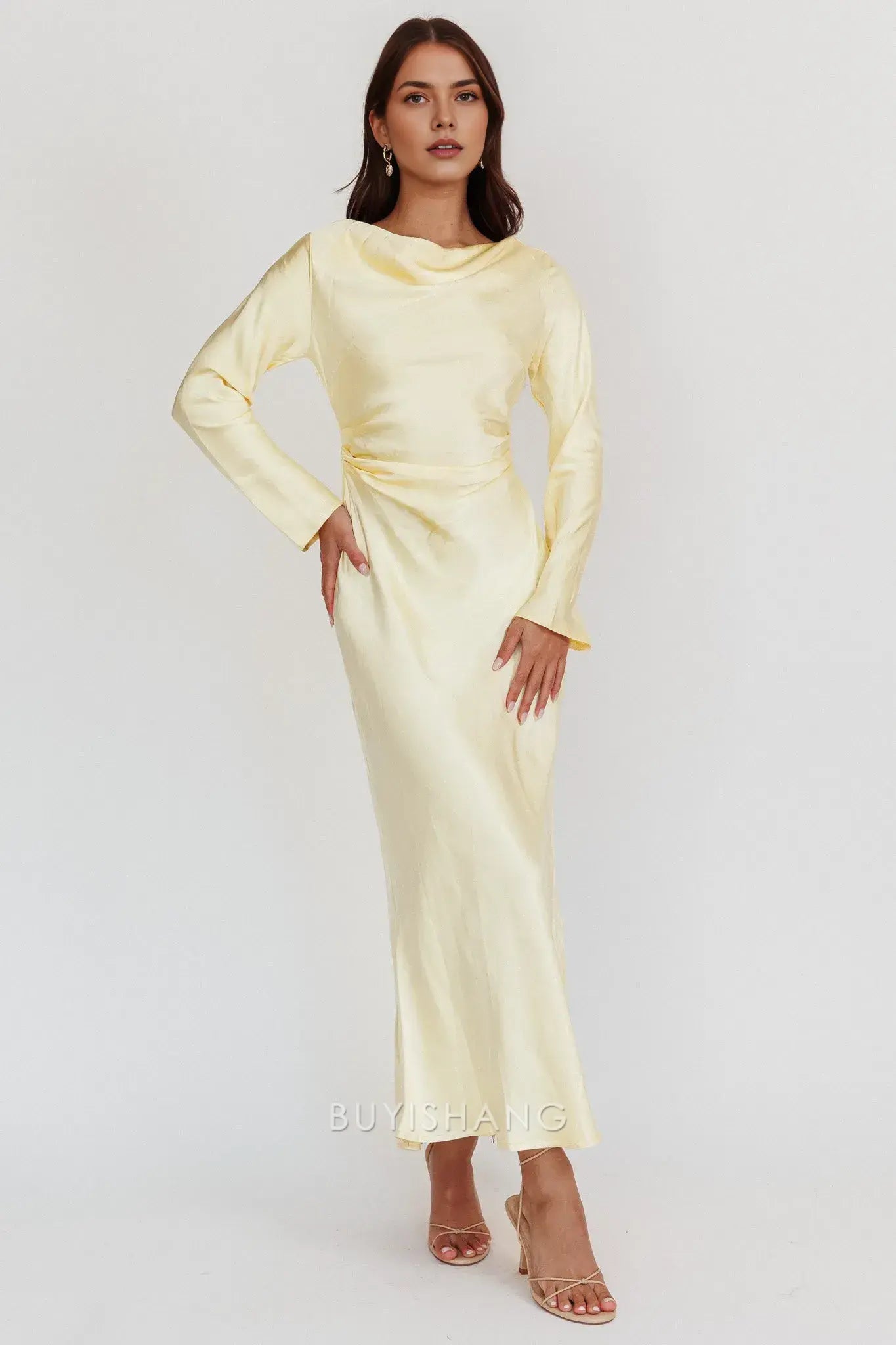 Elegant Sheath Scoop Satin Long Sleeve Maxi Dress with Cowl Back prom dress
