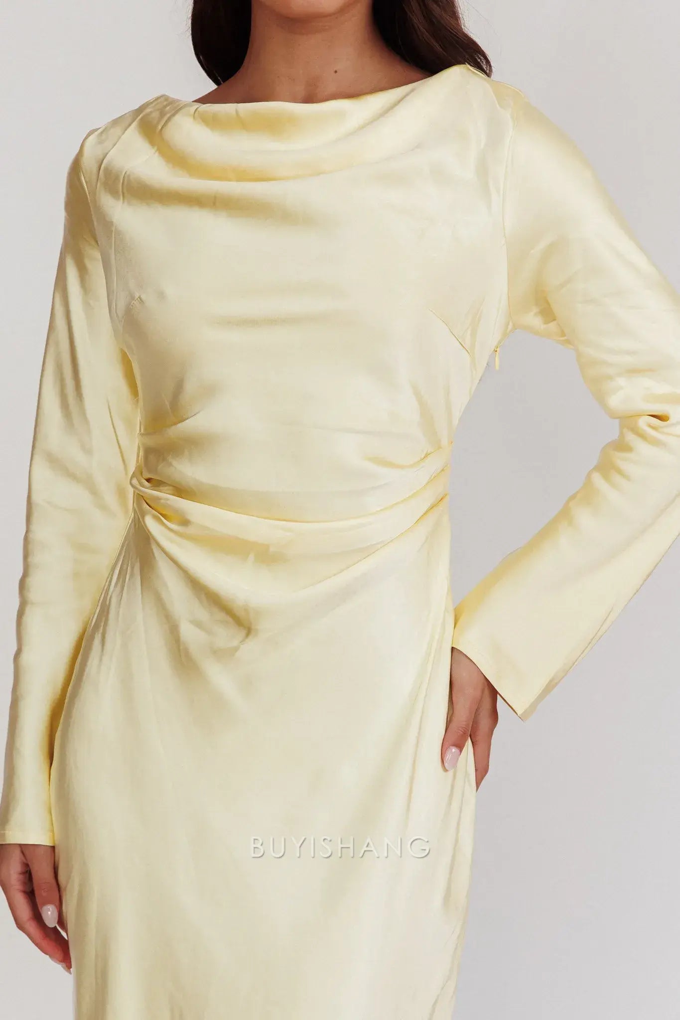 Elegant Sheath Scoop Satin Long Sleeve Maxi Dress with Cowl Back prom dress