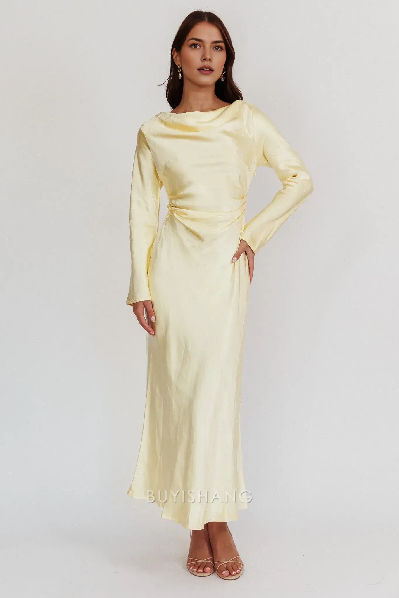 Elegant Sheath Scoop Satin Long Sleeve Maxi Dress with Cowl Back prom dress