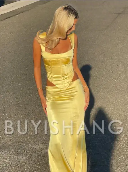 Buyishang Elegant Sheath Square Neckline 2 Pieces Floor-length Satin Long Yellow Evening Dress Prom Dresses