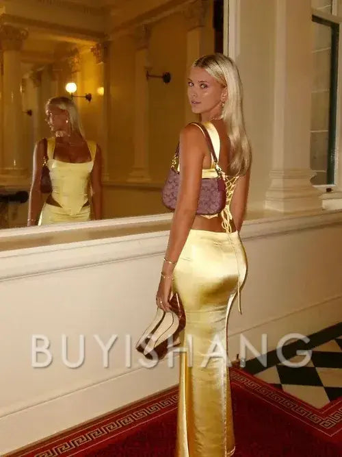 Buyishang Elegant Sheath Square Neckline 2 Pieces Floor-length Satin Long Yellow Evening Dress Prom Dresses