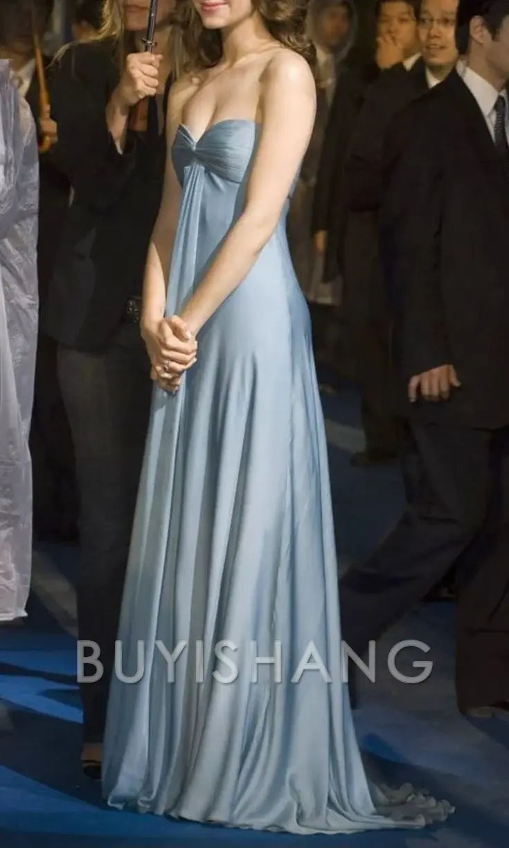 Buyishang Elegant Simple A-Line Sweetheart Blue Satin Long Prom Dresses Formal Evening Dress