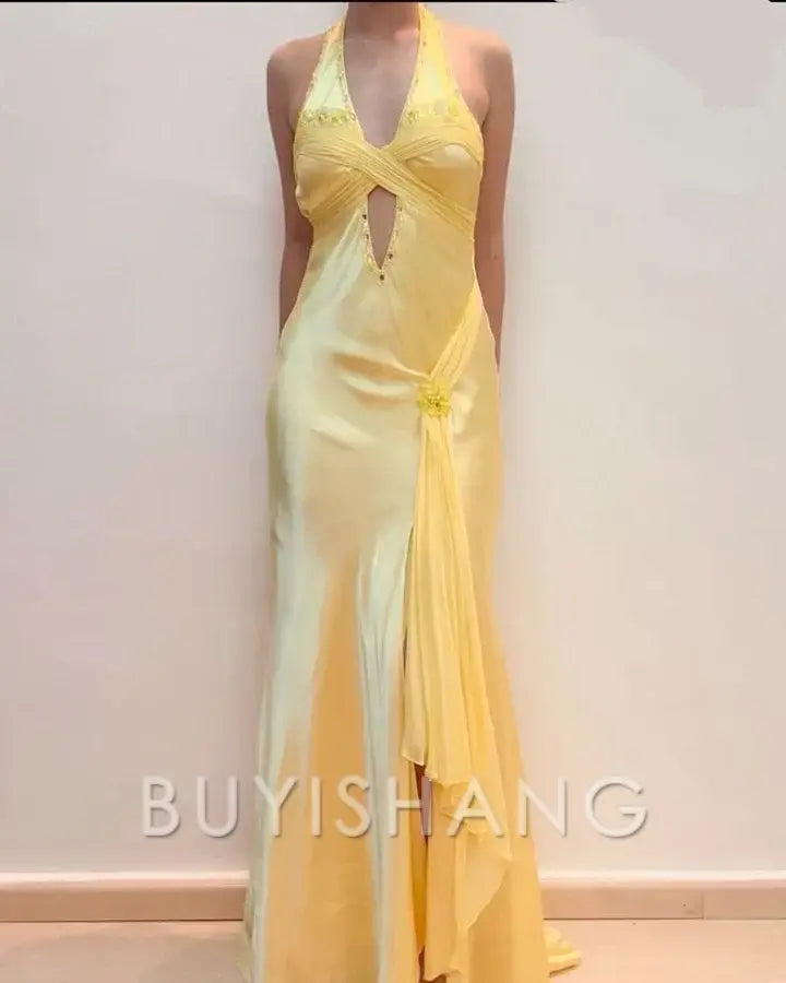 Buyishang Elegant Simple Pretty Mermaid V Neckline Satin Yellow Long Prom Dresses Formal Evening Dresses