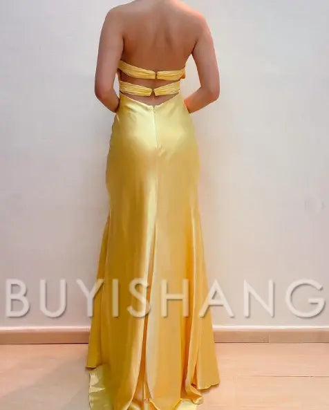 Buyishang Elegant Simple Pretty Mermaid V Neckline Satin Yellow Long Prom Dresses Formal Evening Dresses