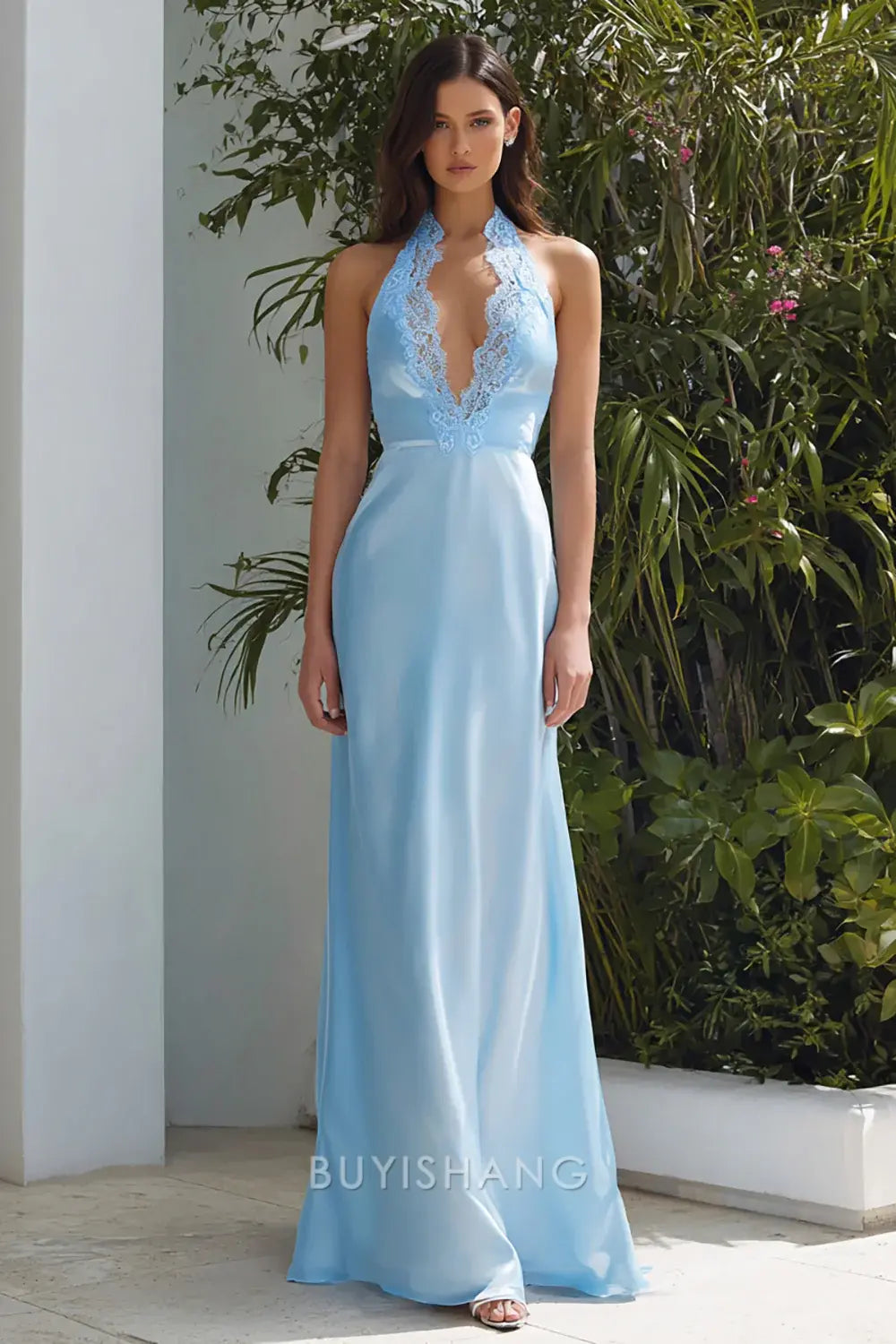 Elegant Sky Blue Halter Neck Long Wedding Guest Dress with Lace Prom Dress