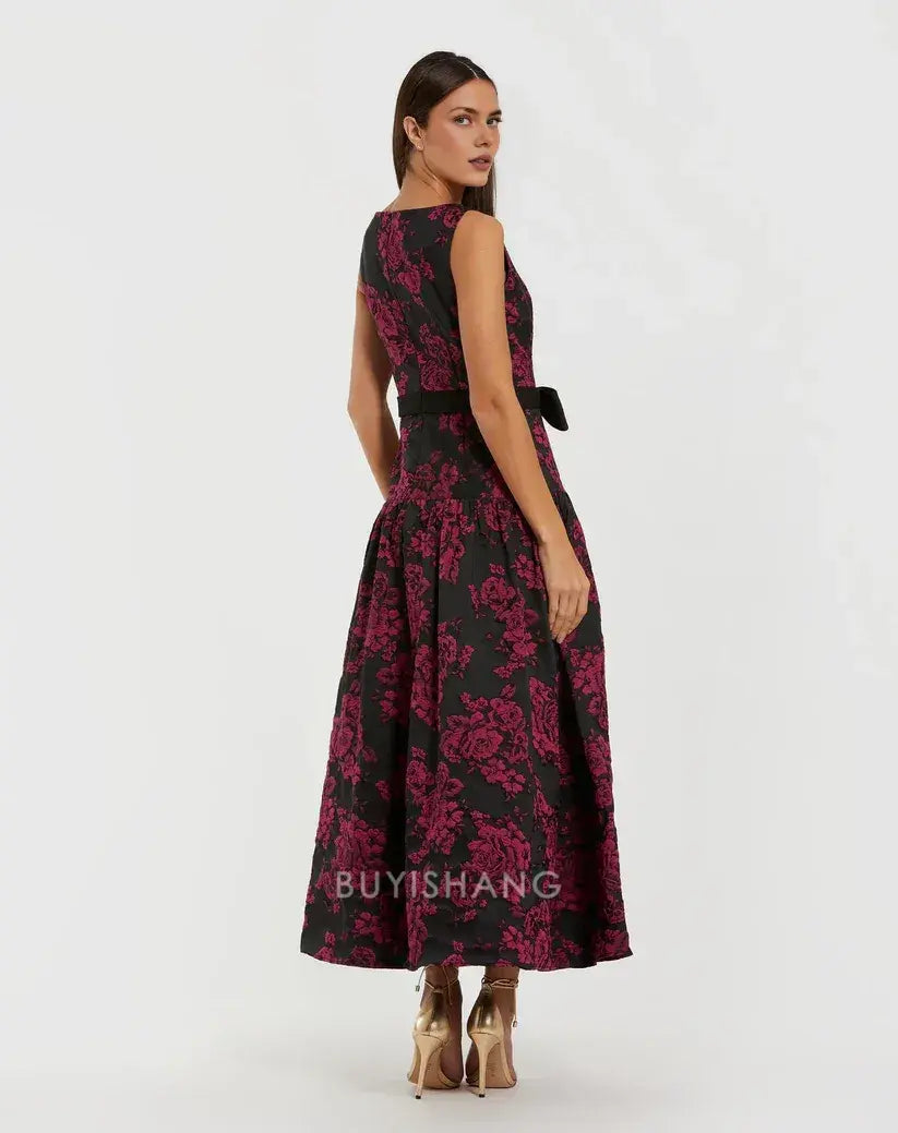 Elegant Sleeveless Floral Brocade A-Line Midi Dress with Bow Belt Mother of the Bride Dress