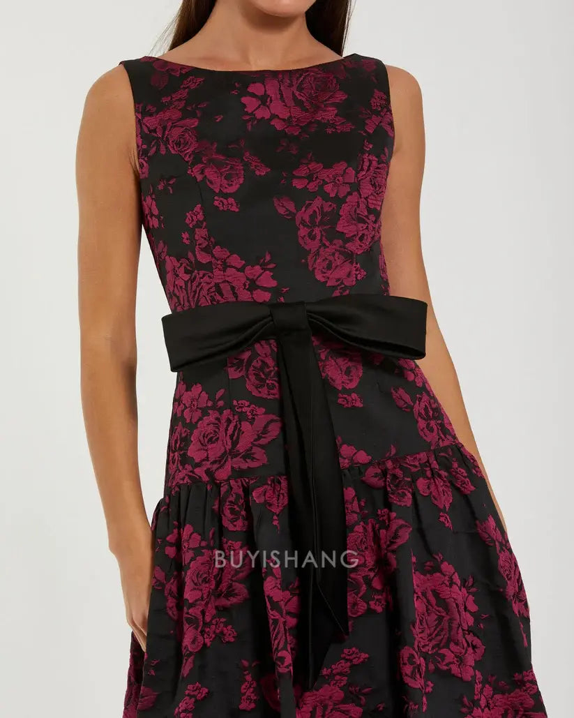 Elegant Sleeveless Floral Brocade A-Line Midi Dress with Bow Belt Mother of the Bride Dress