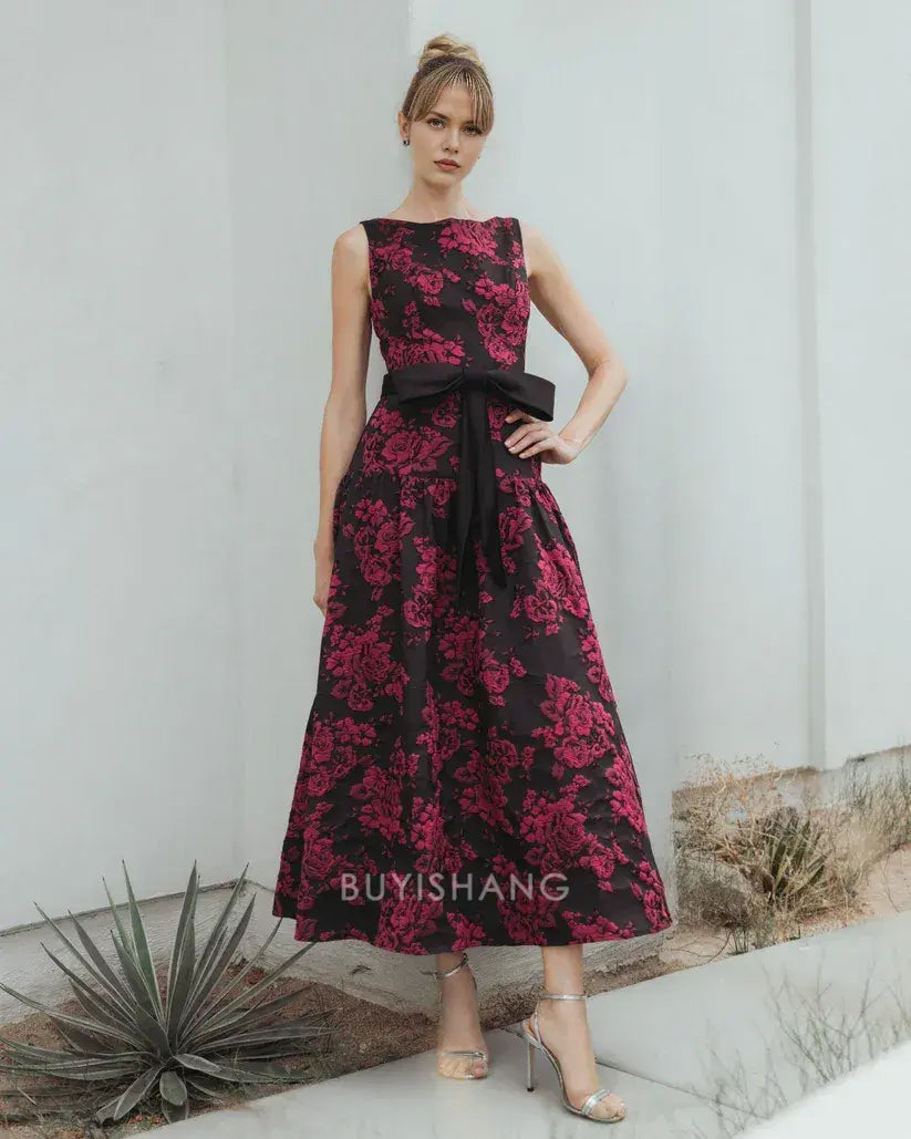 Elegant Sleeveless Floral Brocade A-Line Midi Dress with Bow Belt Mother of the Bride Dress