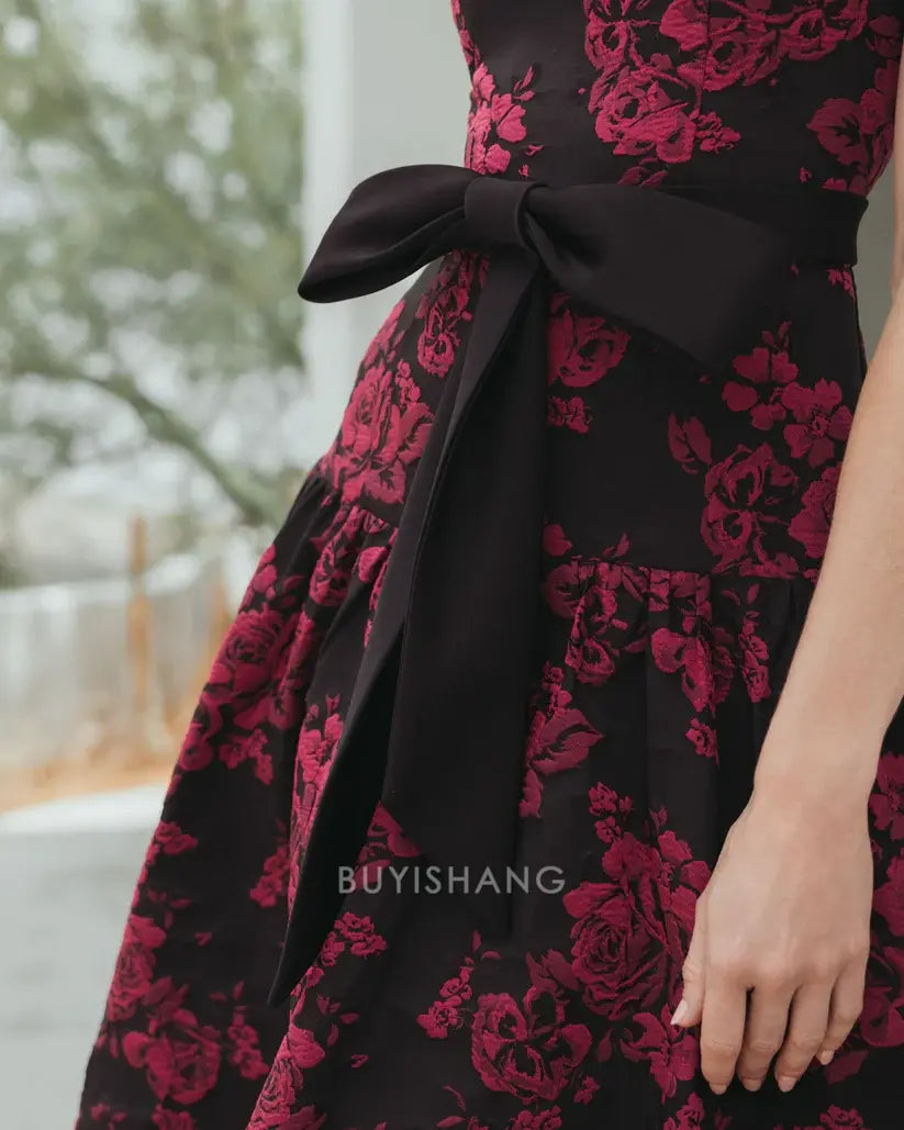 Elegant Sleeveless Floral Brocade A-Line Midi Dress with Bow Belt Mother of the Bride Dress