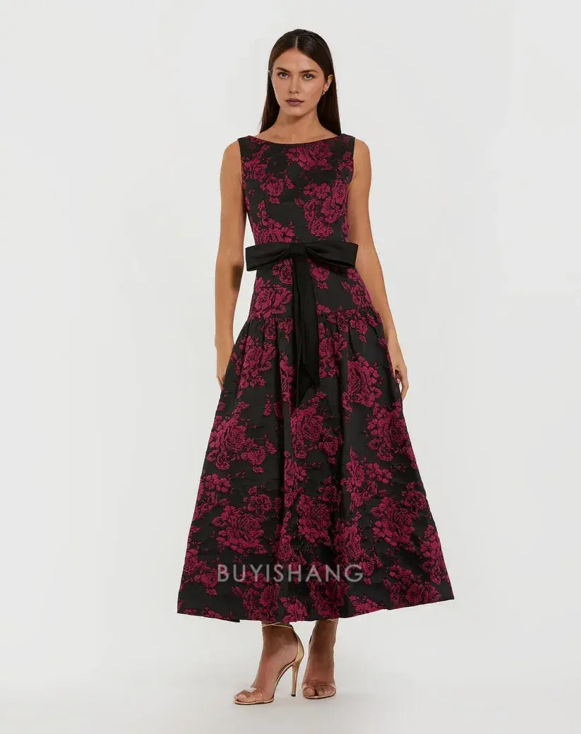 Elegant Sleeveless Floral Brocade A-Line Midi Dress with Bow Belt Mother of the Bride Dress