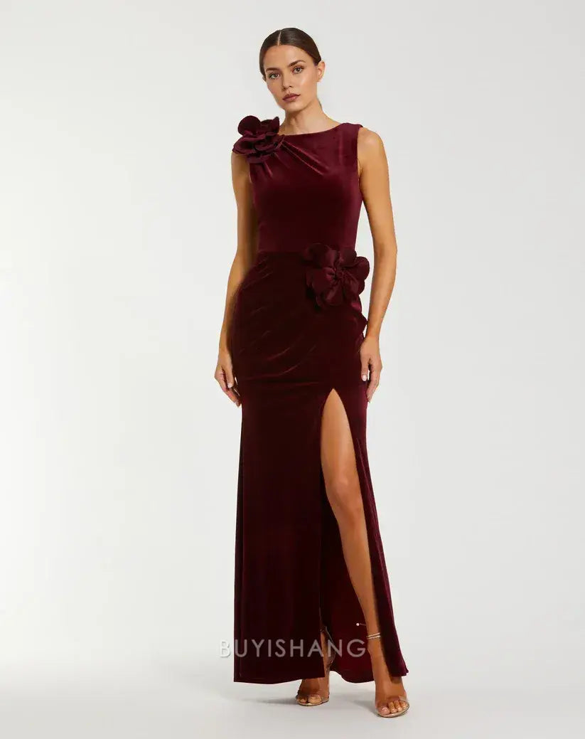Elegant Sleeveless Velvet Mermaid Maxi Dress with Floral Appliqués and High Slit Mother of the Bride Dress
