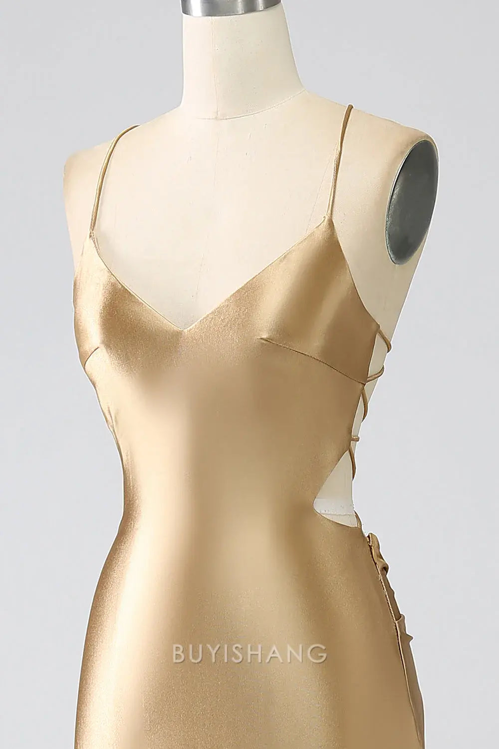 Elegant Spaghetti Strap Lace-Up Back Satin Mermaid Maxi Dress ﻿Prom Dress