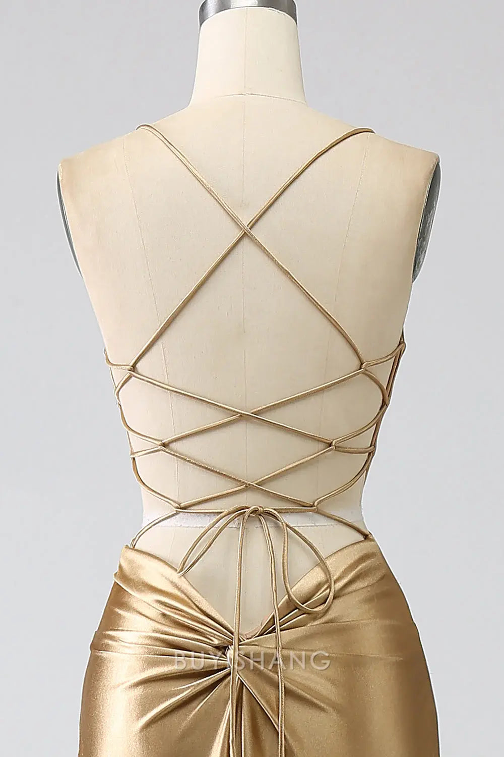 Elegant Spaghetti Strap Lace-Up Back Satin Mermaid Maxi Dress ﻿Prom Dress