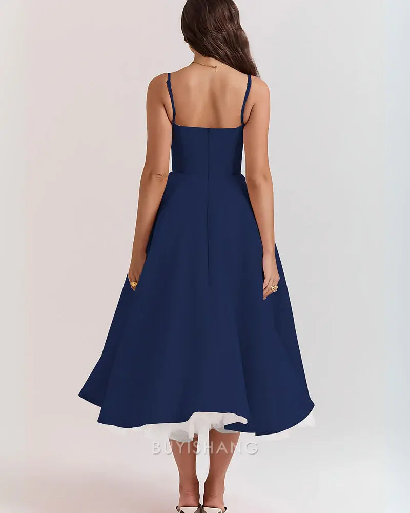 Elegant Spaghetti Strap Sweetheart Neck A-Line Midi Dress with Pockets Prom Dress