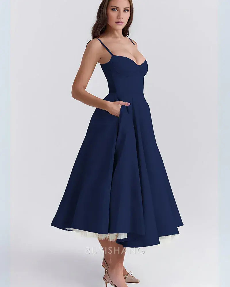 Elegant Spaghetti Strap Sweetheart Neck A-Line Midi Dress with Pockets Prom Dress