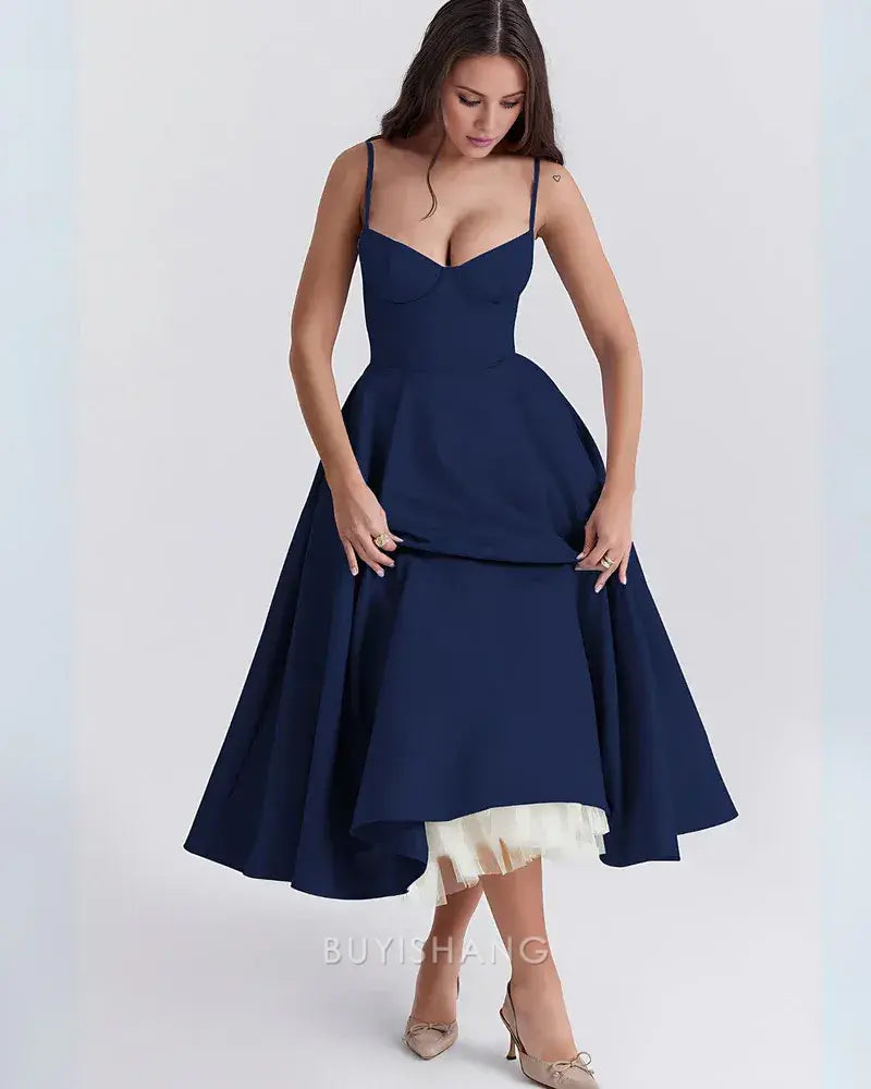 Elegant Spaghetti Strap Sweetheart Neck A-Line Midi Dress with Pockets Prom Dress