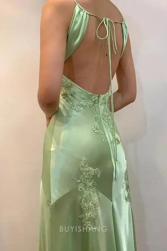 Elegant Spaghetti Strap V - Neck Lace - Embellished Satin Maxi Dress with Open Back prom dress