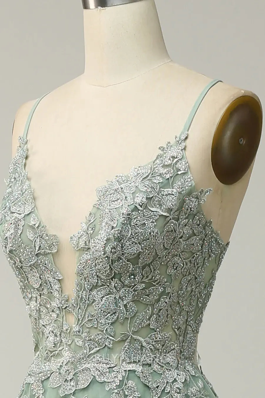 Elegant Spaghetti Strap V - Neck Lace and Tulle Maxi Dress with Crisscross Back prom dress