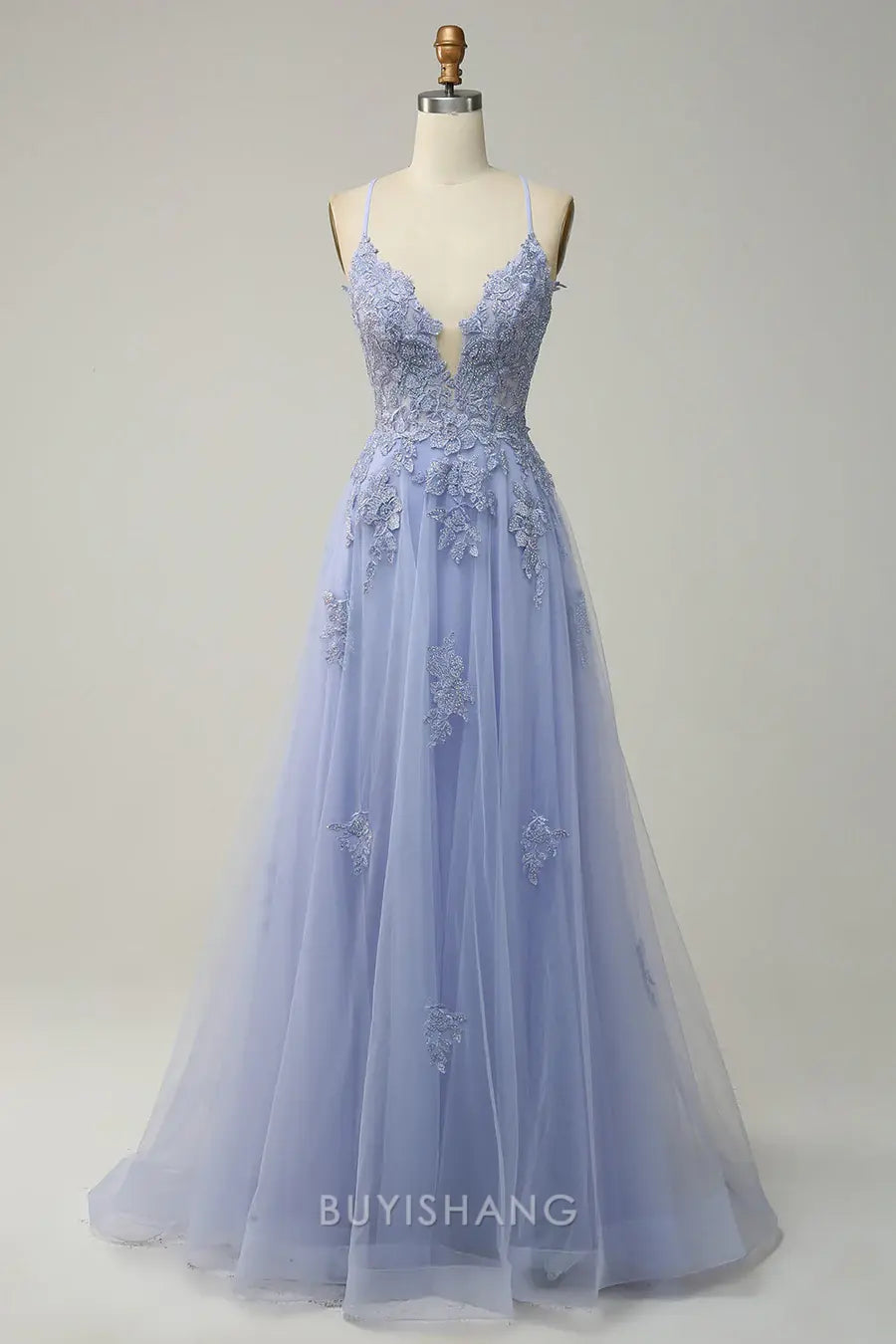 Elegant Spaghetti Strap V - Neck Lace and Tulle Maxi Dress with Crisscross Back prom dress