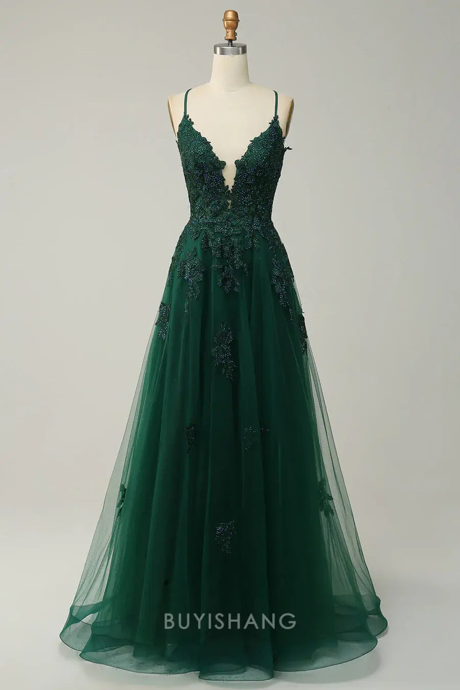 Elegant Spaghetti Strap V - Neck Lace and Tulle Maxi Dress with Crisscross Back prom dress