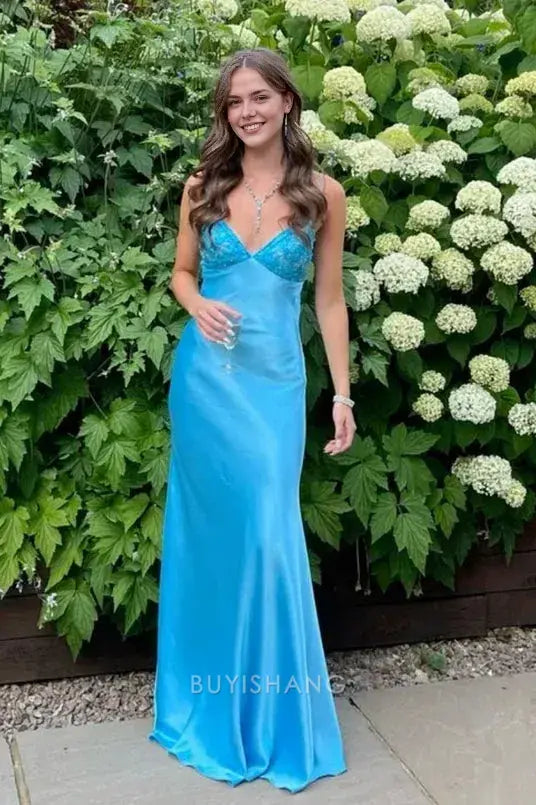 Elegant Spaghetti Strap V - Neck Satin Maxi Dress with Open Back Bow Detail prom dress
