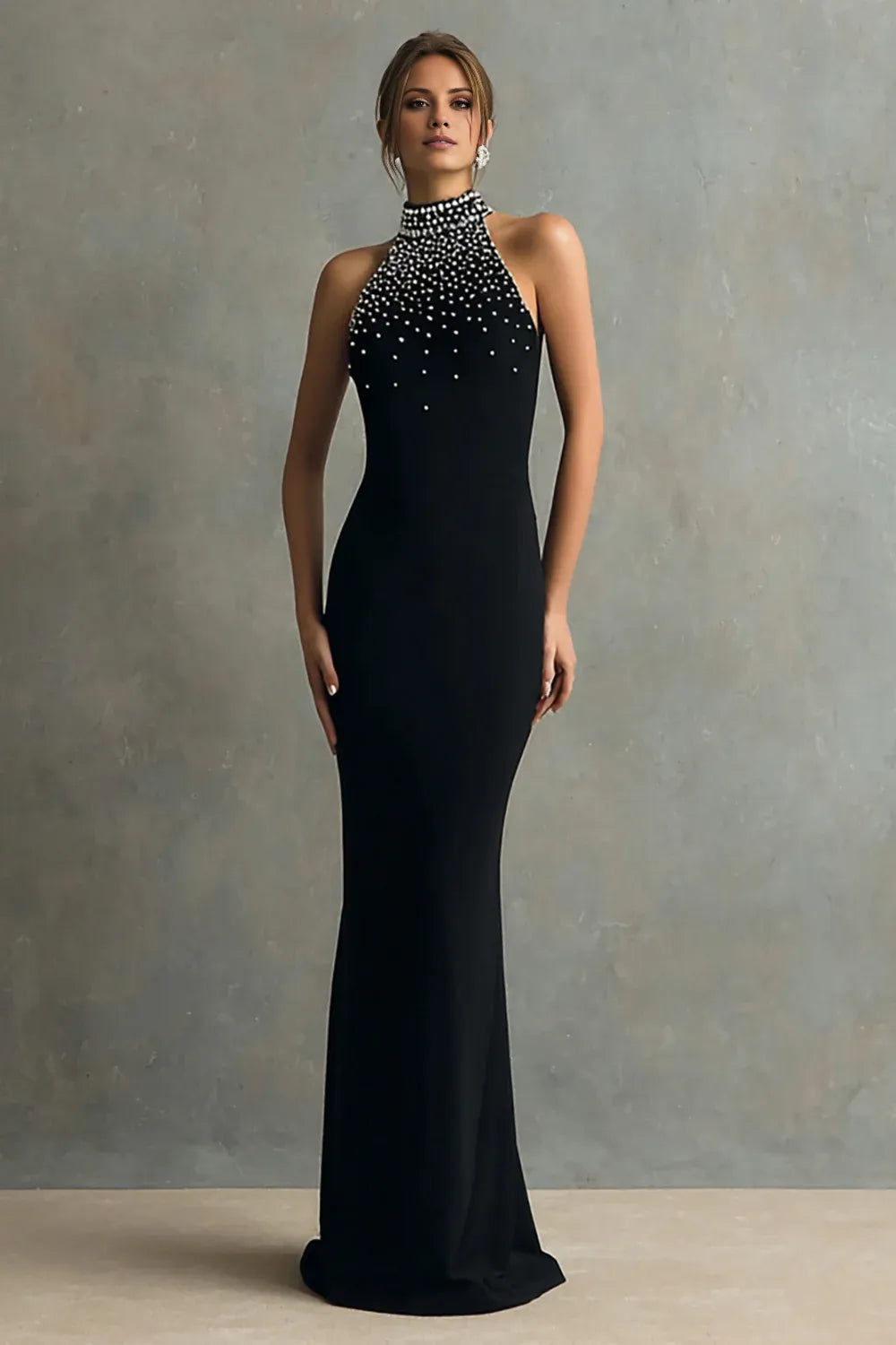 Elegant Sparkly Black Mermaid Halter Long Formal Dress with Beading Prom Dress