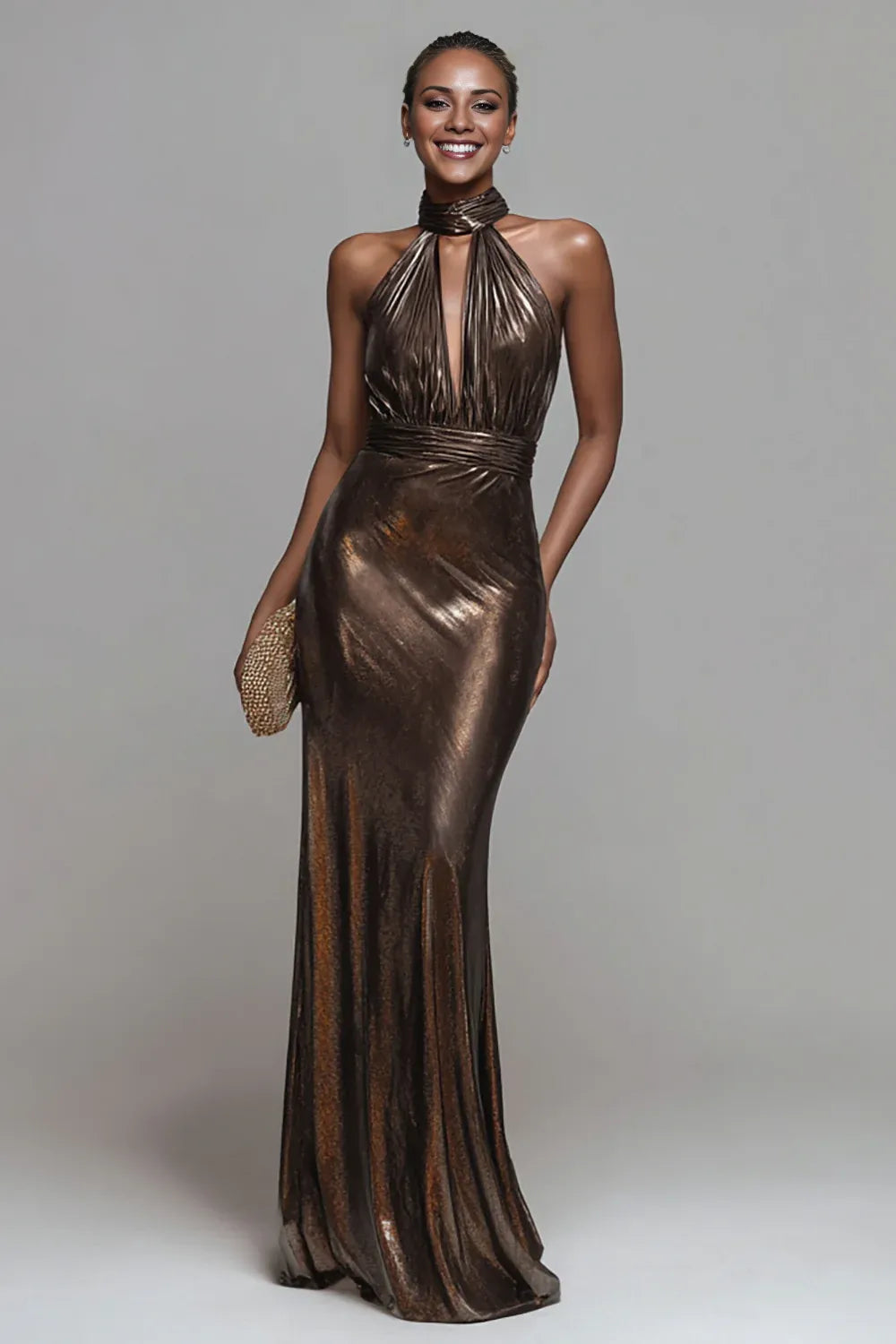 Elegant Sparkly Brown High Neck Metallic Mermaid Long Formal Dress Prom Dress