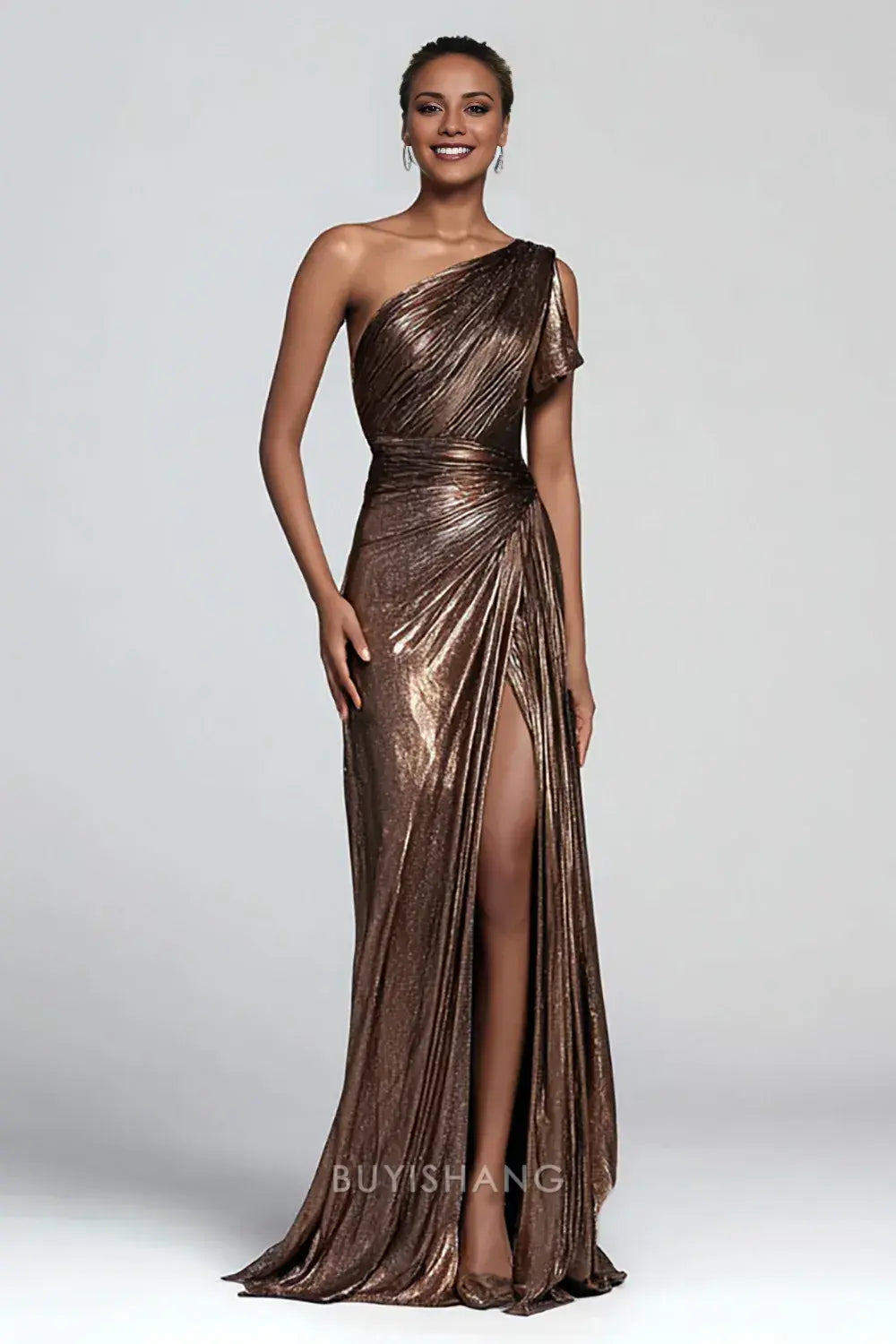 Elegant Sparkly Brown Metallic One Shoulder Mermaid Long Formal Dress with Slit Prom Dress