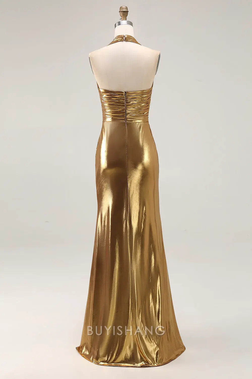 Elegant Sparkly Gold Halter Metallic Ruched Knot-Detail Long Formal Dress with Slit ﻿ Prom Dress